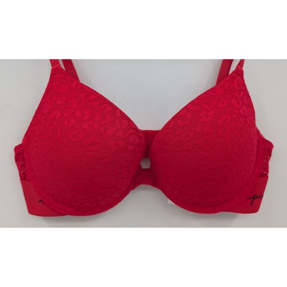 Victoria's Secret PINK Bra Women's 34B Red Animal Print Lace Push Up - Picture 3 of 6